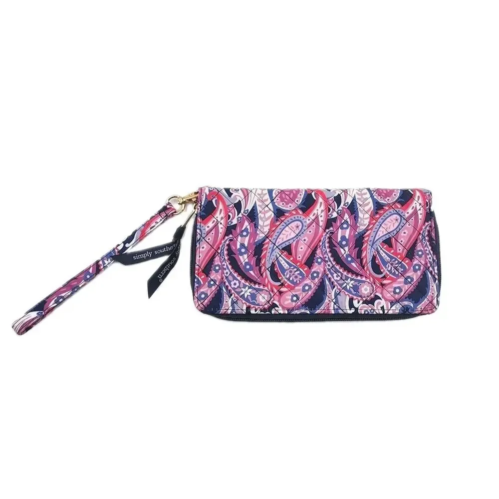 Simply Southern Wristlet Wallet Pink Paisley Quilted Detachable Strap